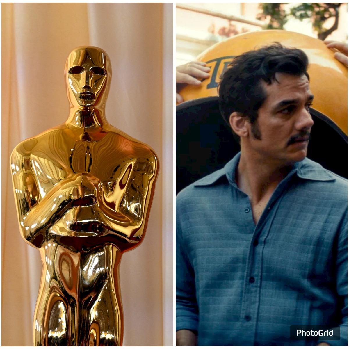 Montagem de fotos com uma estatueta do Oscar de um lado e do ator Wagner Moura do outro vestindo uma camisa azul e olhando para o lado, com imagem do filme O Agente Secreto.