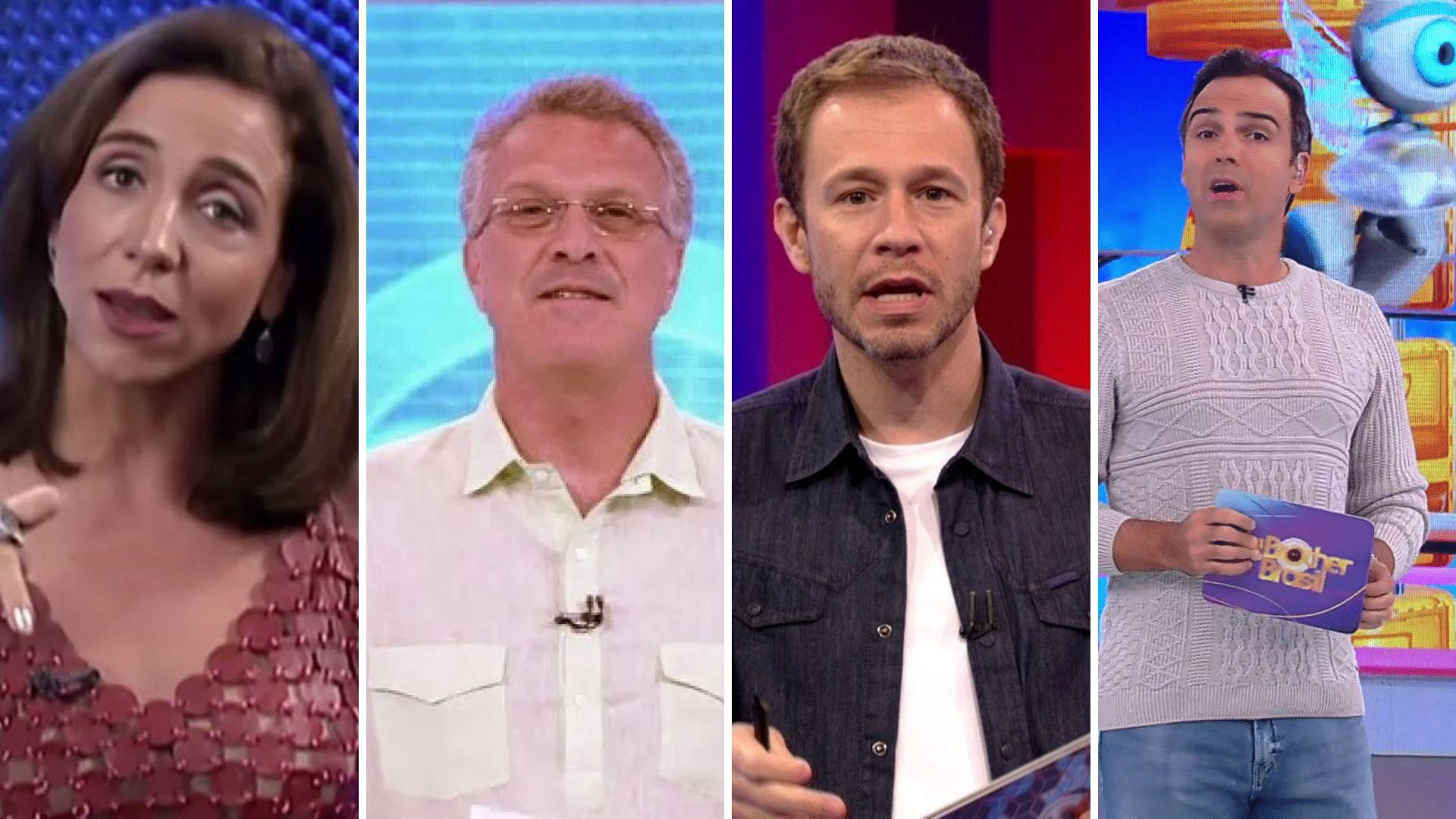 Montagem com apresentadores do BBB diante do público, com microfone na boca e de frente para as câmeras.
