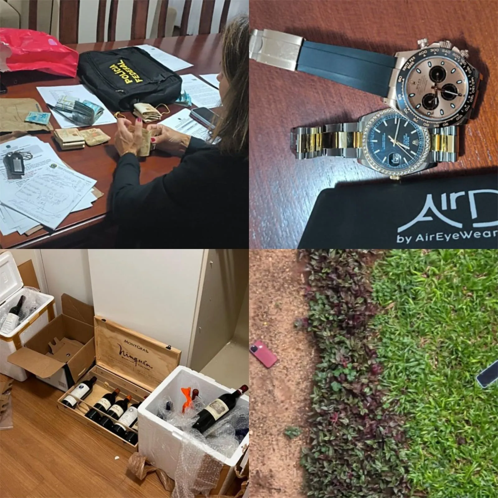 Durante a ação, os agentes apreenderam caixas de vinho, relógios, dinheiro em espécie e celulares
