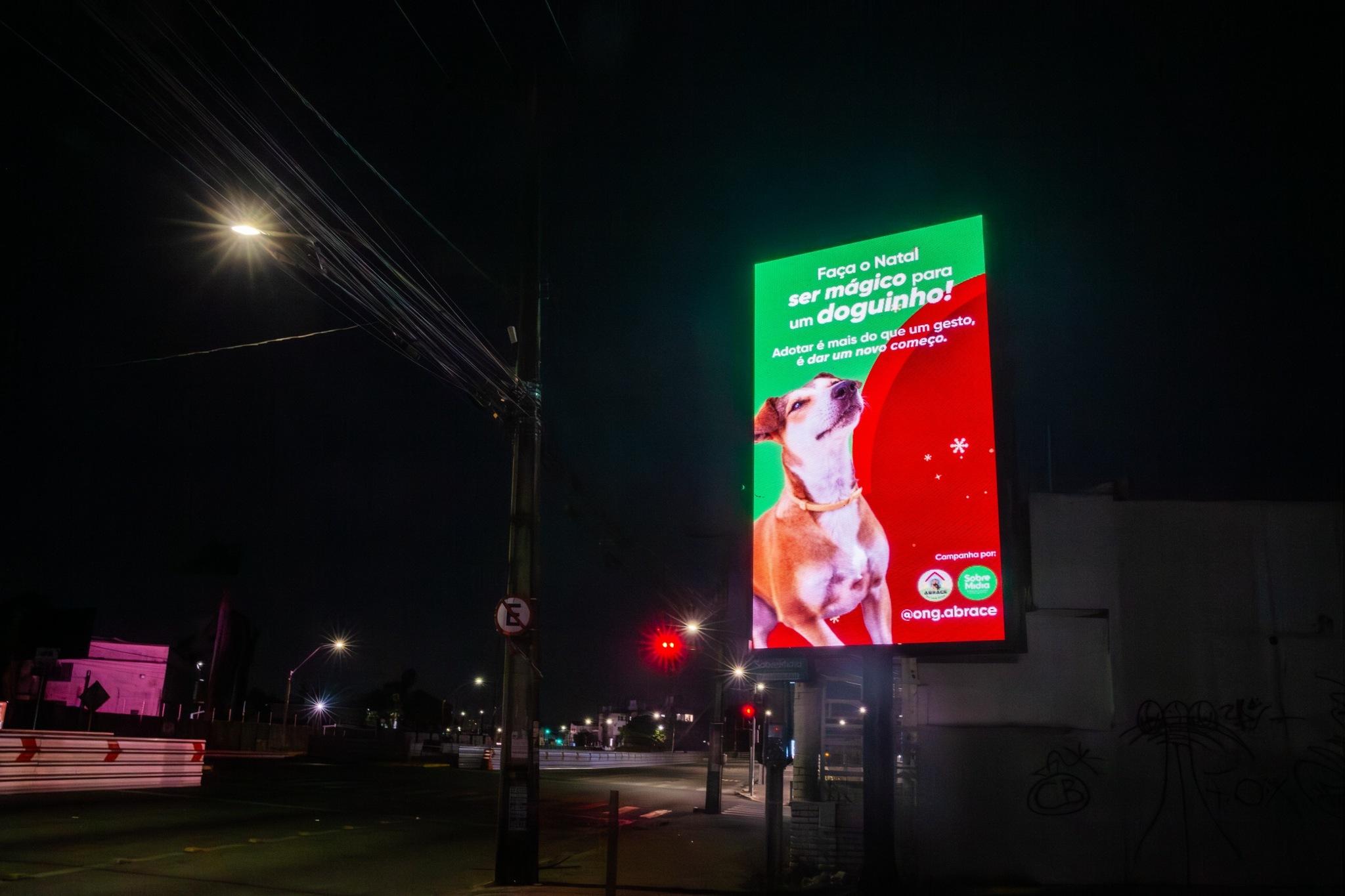 Painel de led em via de Fortaleza exibe a campanha, com a imagem de uma cadela caramelo e um texto incentivando a adoção.