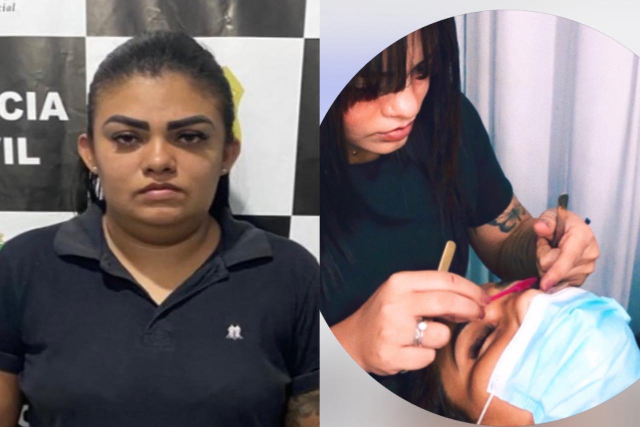 Mulher presa ao lado de imagem antiga dela trabalhand com cílios