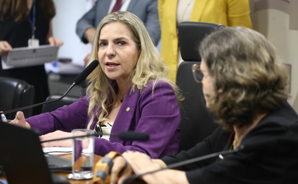 Luizianne está na comissão sentada em frente a um microfone.