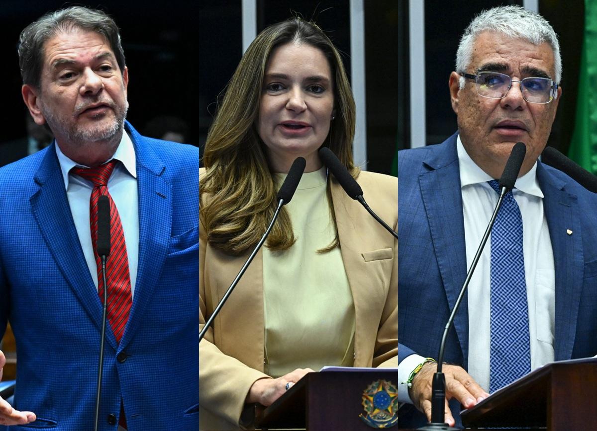 Montagem com três parlamentares falando ao microfone em plenário: à esquerda, Cid Gomes de terno azul e gravata vermelha; ao centro, Augusta Brito de blazer bege; à direita, Eduardo Girão de terno azul e gravata clara, todos em ambiente legislativo.