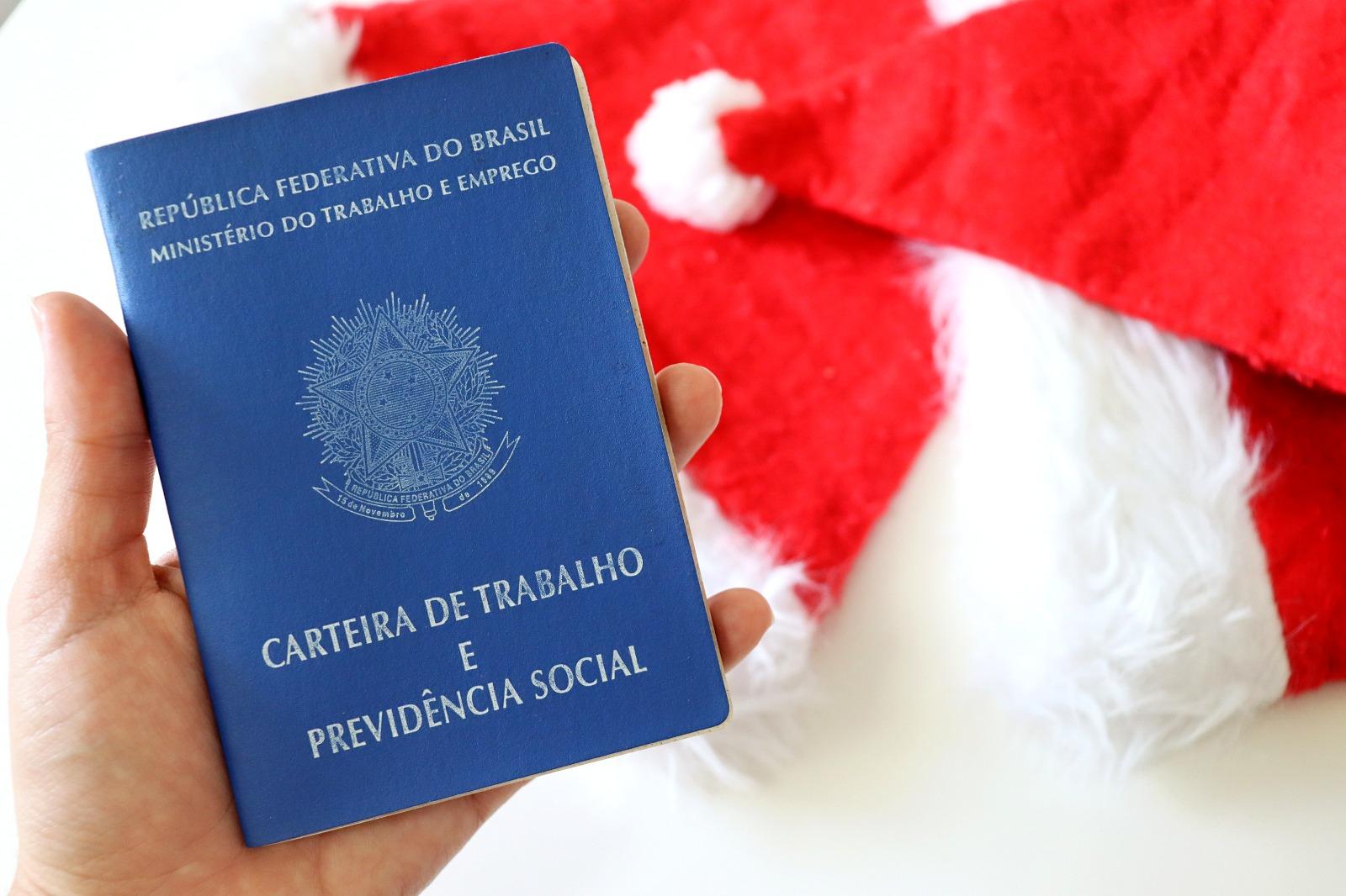 Pessoa segura a carteira de trabalho na mão com gorros de natal por trás.