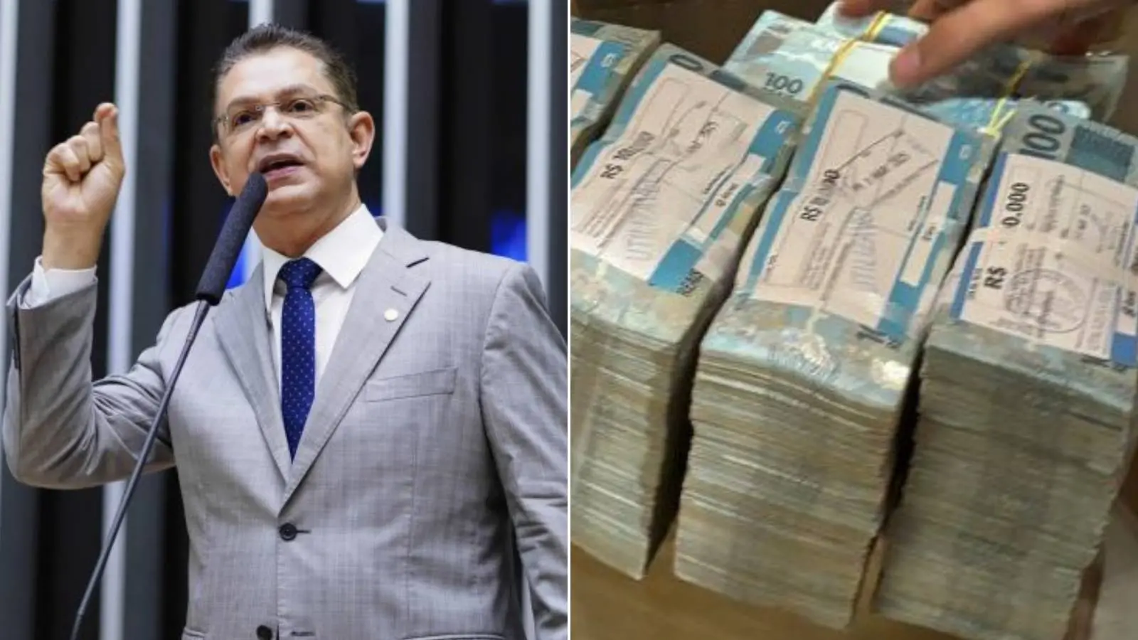 Imagem dividida mostra, à esquerda, o deputado federal Sóstenes Cavalcante de terno em ambiente parlamentar na Câmara dos Deputados e, à direita, quantidade de dinheiro em espécie apreendida em endereço ligado ao parlamentar durante operação da Polícia Federal (PF).