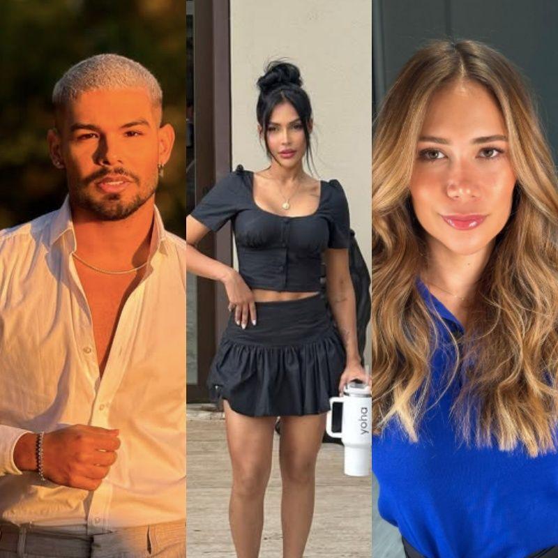 Três retratos em colagem: um homem de camisa branca, uma mulher de crop top e saia preta, e uma mulher de cabelo ondulado claro. São os ex-bbbs Vyni, Flay e Jake.