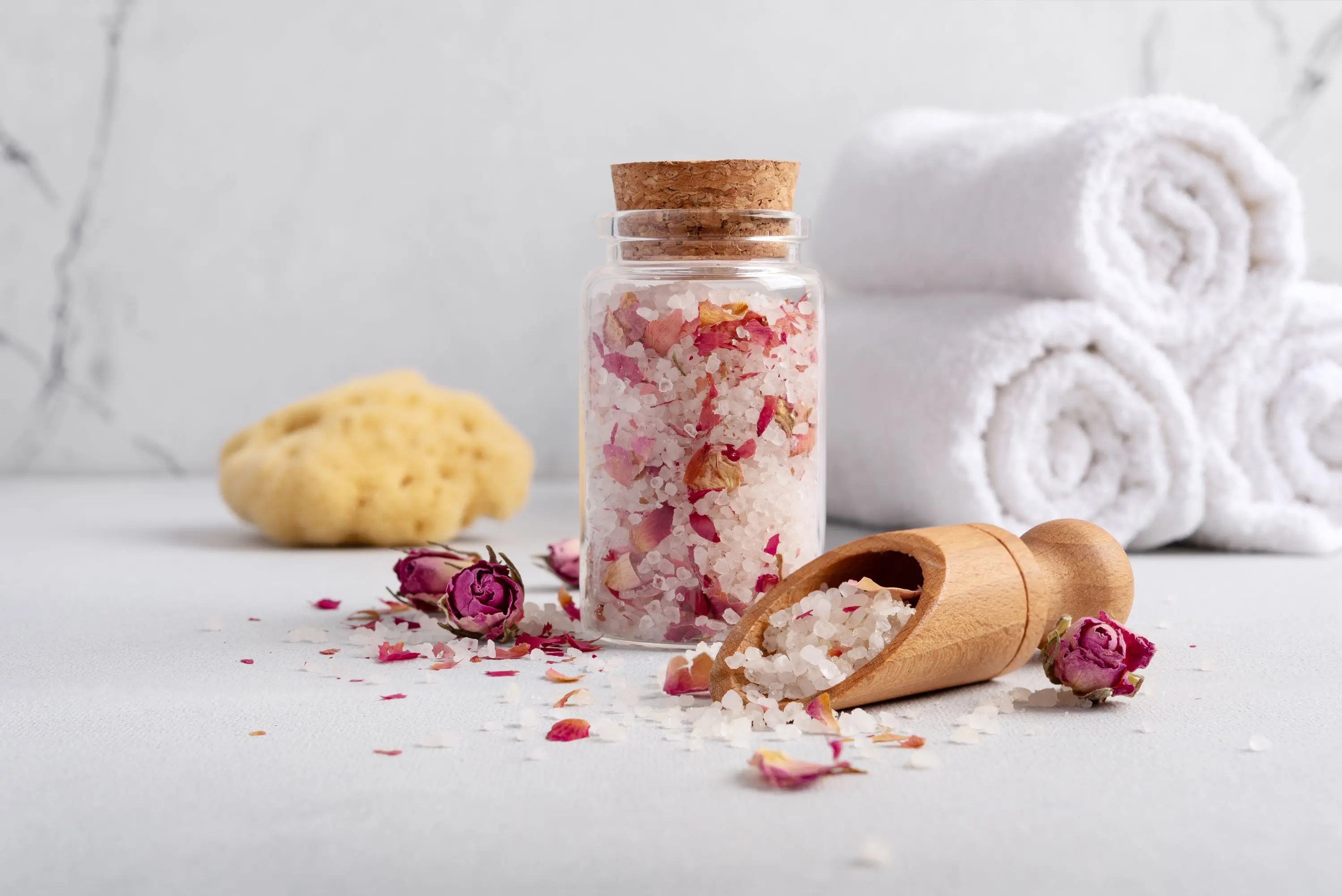 Uma garrafa de vidro com sais de banho de rosa e brancos, uma colher de madeira, pétalas de rosa secas, toalhas brancas enroladas e uma esponja natural em uma superfície clara.