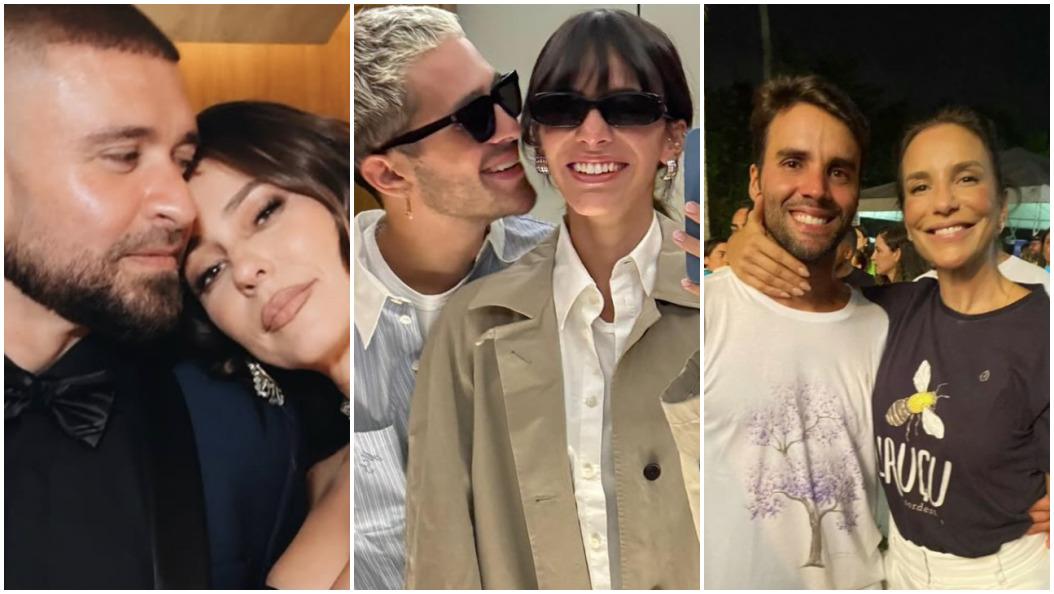 Montagem com três fotos: Duas pessoas em roupas formais, incluindo traje preto com gravata borboleta, a outra com duas pessoas em frente a um espelho; uma com camisa branca e casaco bege oversized, outra com camisa listrada clara.
A terceira com duas pessoas abraçadas em local externo à noite, usando camisetas estampadas.