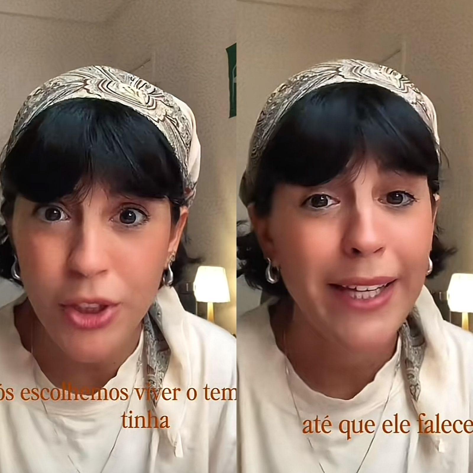 Montagem de duas fotos da mesma mulher jovem: à esquerda, ela fala com uma expressão séria; à direita, ela chora com os olhos marejados. Ambas usam um lenço na cabeça.