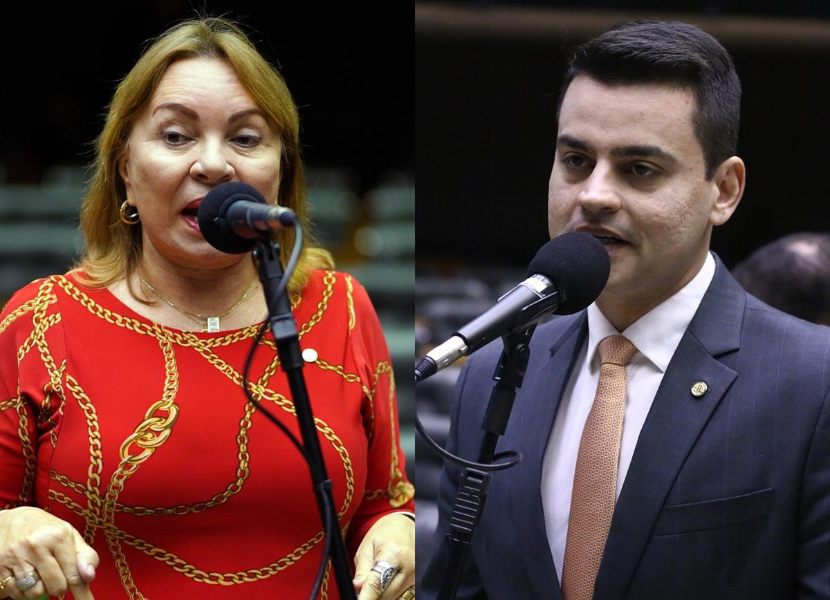 Montagem com duas pessoas falando ao microfone em plenário legislativo: à esquerda, Gorete Pereira de vestido vermelho discursa; à direita, Yury do Paredão de terno e gravata fala ao microfone, ambos em ambientes formais de sessão.