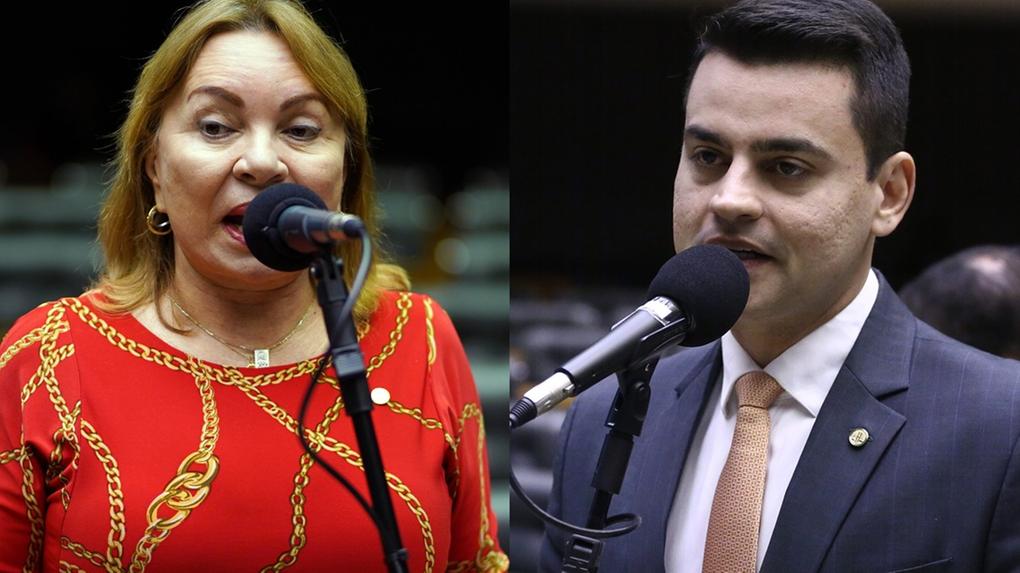 Montagem com duas pessoas falando ao microfone em plenário legislativo: à esquerda, Gorete Pereira de vestido vermelho discursa; à direita, Yury do Paredão de terno e gravata fala ao microfone, ambos em ambientes formais de sessão.