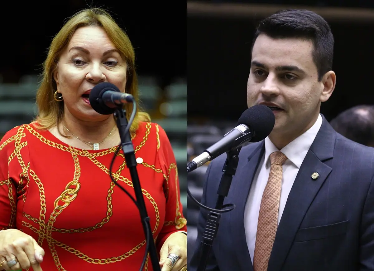 Montagem com duas pessoas falando ao microfone em plenário legislativo: à esquerda, Gorete Pereira de vestido vermelho discursa; à direita, Yury do Paredão de terno e gravata fala ao microfone, ambos em ambientes formais de sessão.