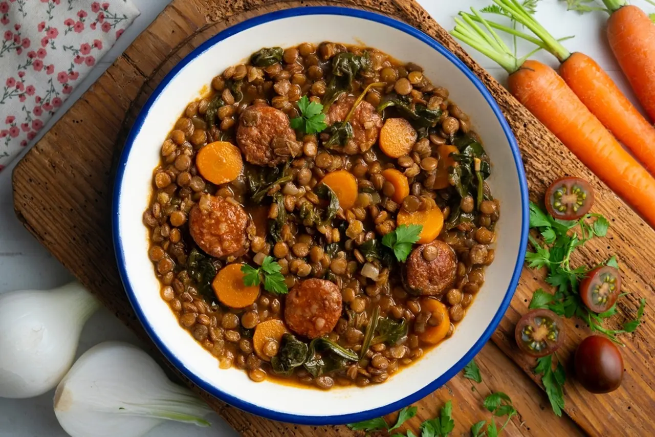 Prato fundo branco com borda azul contendo ensopado de lentilhas com rodelas de cenoura, linguiça e folhas verdes; ao redor do prato, há cenouras inteiras, tomates e cebolas sobre uma tábua de madeira.