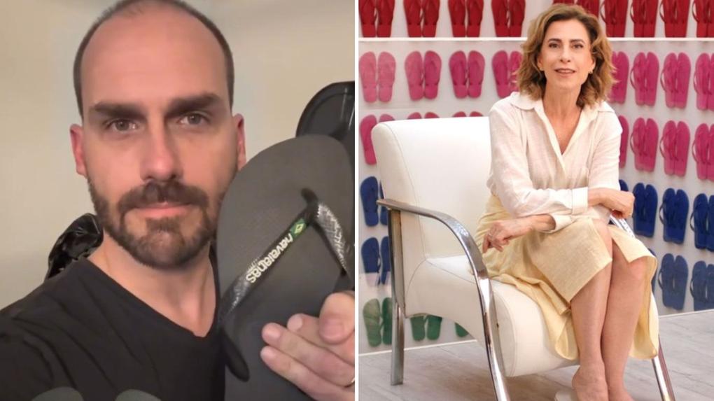 Imagem de Eduardo Bolsonaro e Fernanda Torres, para matéria sobre propaganda da Havaianas.