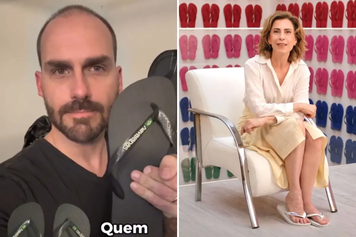 Imagem de Eduardo Bolsonaro e Fernanda Torres, para matéria sobre propaganda da Havaianas.