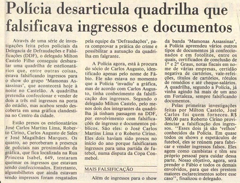 Publicação no Diário do Nordeste sobre quadrilha que falsificou ingressos do shows da banda Mamonas Assassinas.