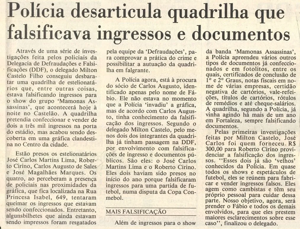 Publicação no Diário do Nordeste sobre quadrilha que falsificou ingressos do shows da banda Mamonas Assassinas.