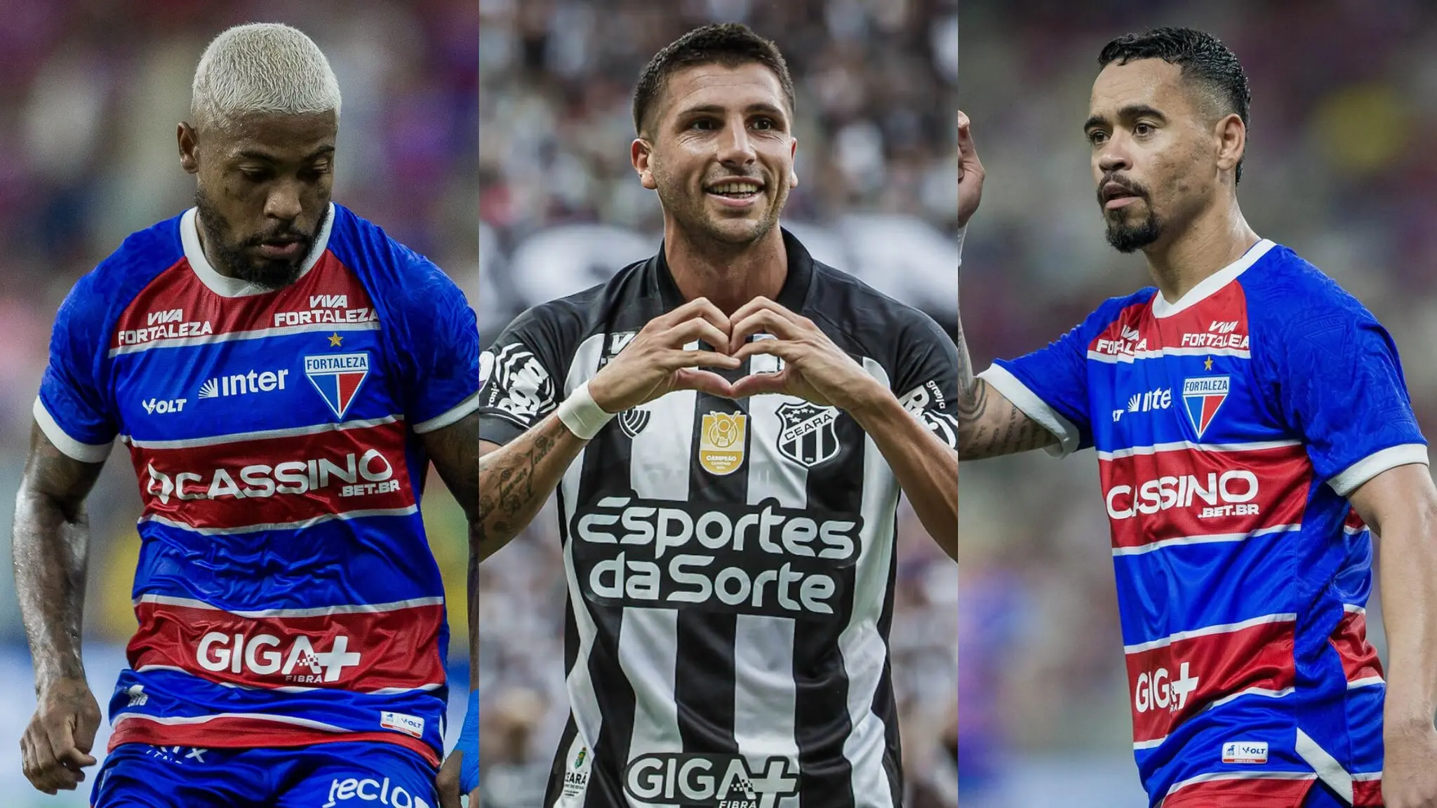 Montagem de fotos de Marinho, do Fortaleza, Lucas Mugni, do Ceará, e Pikachu, do Fortaleza