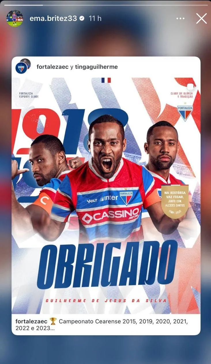Brítez republicou postagem do clube em agradecimento ao Tinga.