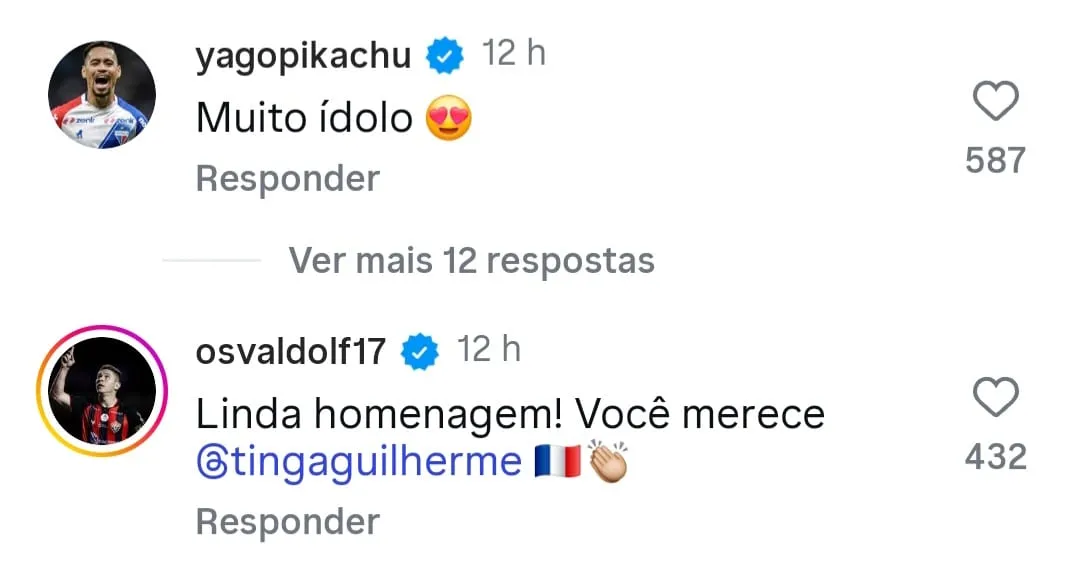 Yago Pikachu e Osvaldo também deixaram recado para Tinga.