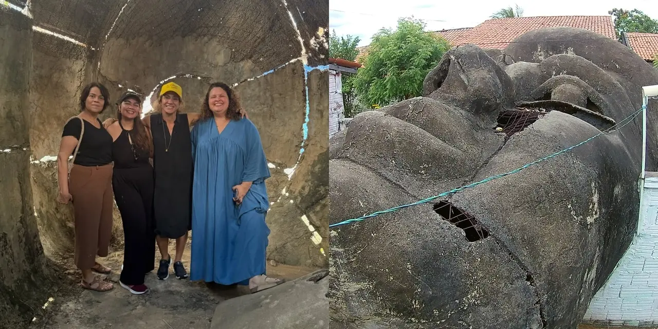 Montagem de duas fotos: à esquerda, imagem de quatro mulheres (Geórgia Costa Araújo, Natália Maia, Joana Mariani e Socorro Acioli) dentro da parte interna da cabeça oca e gigante de uma estátua inacabada de Santo Antônio; à direita, fotografia da parte externa da cabeça.