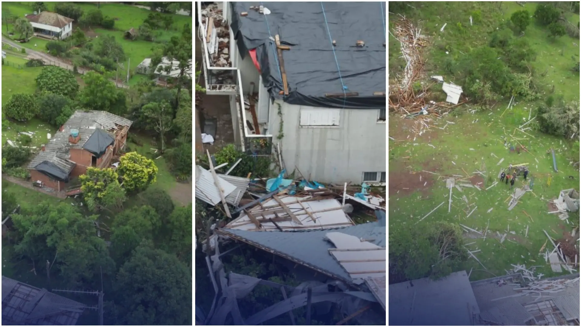 Colagem de três fotos com efeitos do tornado sobre o município.