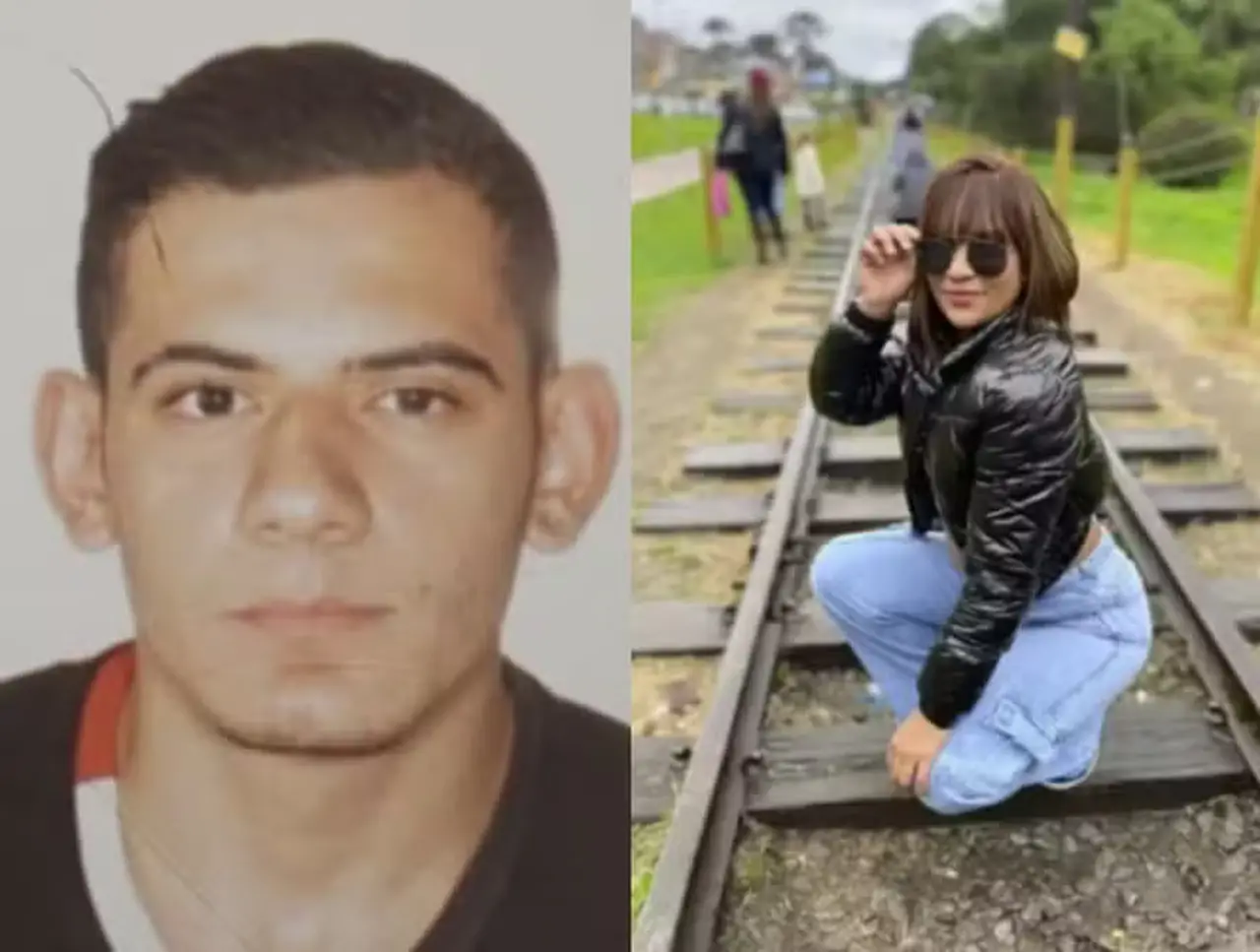 Imagem possui a foto 3x4 divulgada do suspeito do crime e uma foto da vítima posando em trilhos de trem.