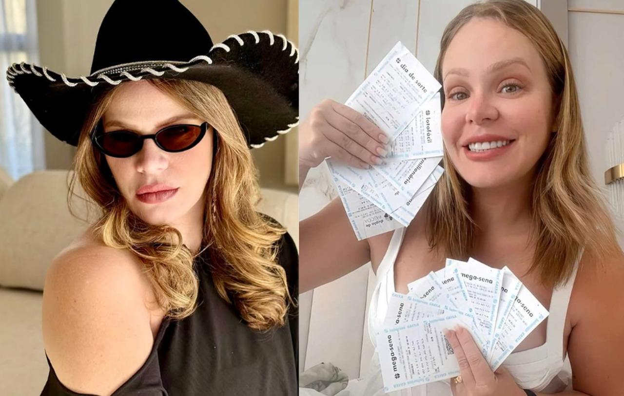 Ex-BBB Paulinha é branca loira em duas fotos diferentes. À esquerda, está de óculos escuros, chapéu preto e vestido preto, sentada em um sofá. À direita, está com blusa branca e segurando cupons de loteria da Caixa, sorrindo. Foto usada em matéria sobre banco abrir processo contra a mulher.