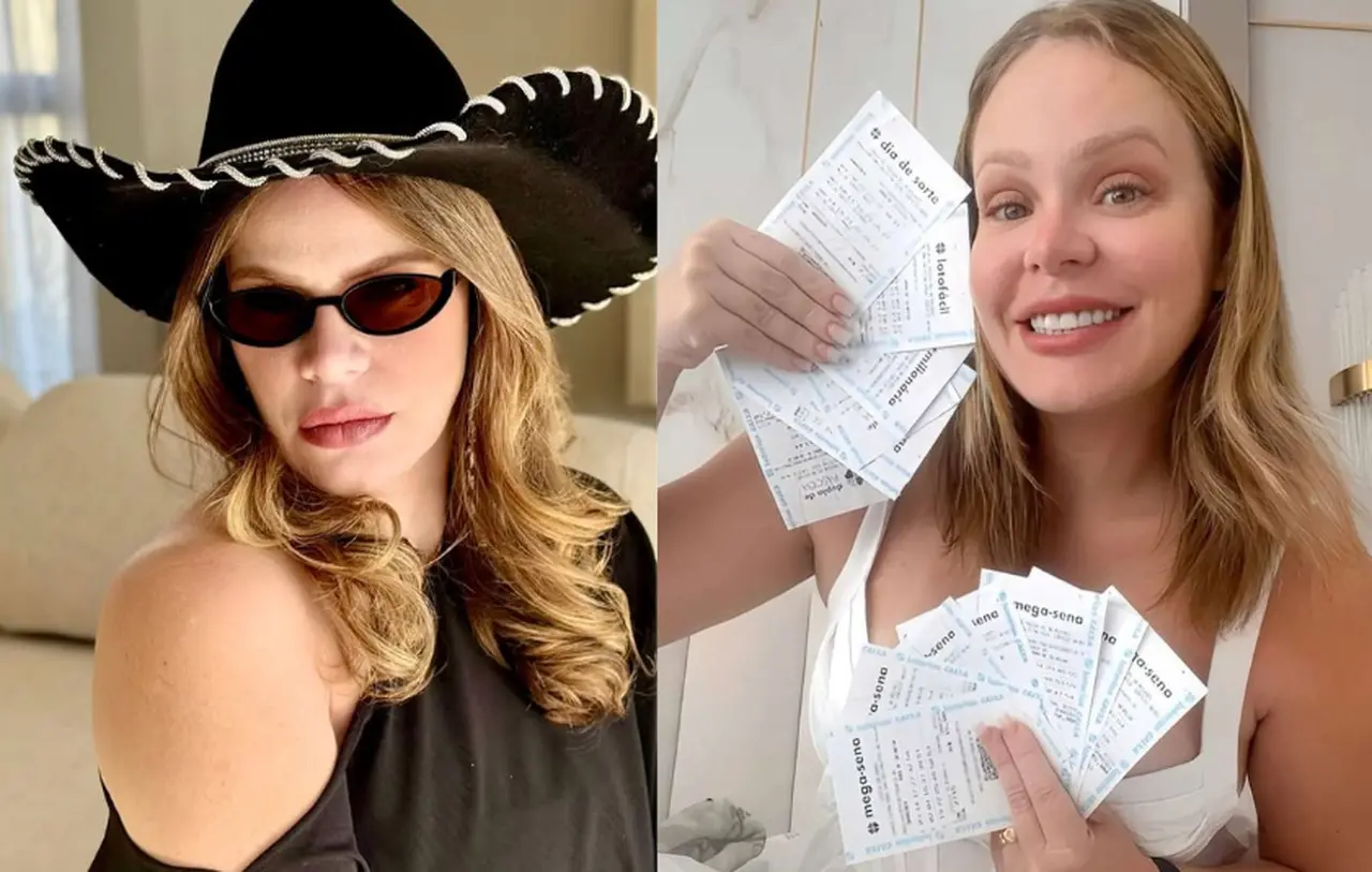 Ex-BBB Paulinha é branca loira em duas fotos diferentes. À esquerda, está de óculos escuros, chapéu preto e vestido preto, sentada em um sofá. À direita, está com blusa branca e segurando cupons de loteria da Caixa, sorrindo. Foto usada em matéria sobre banco abrir processo contra a mulher.