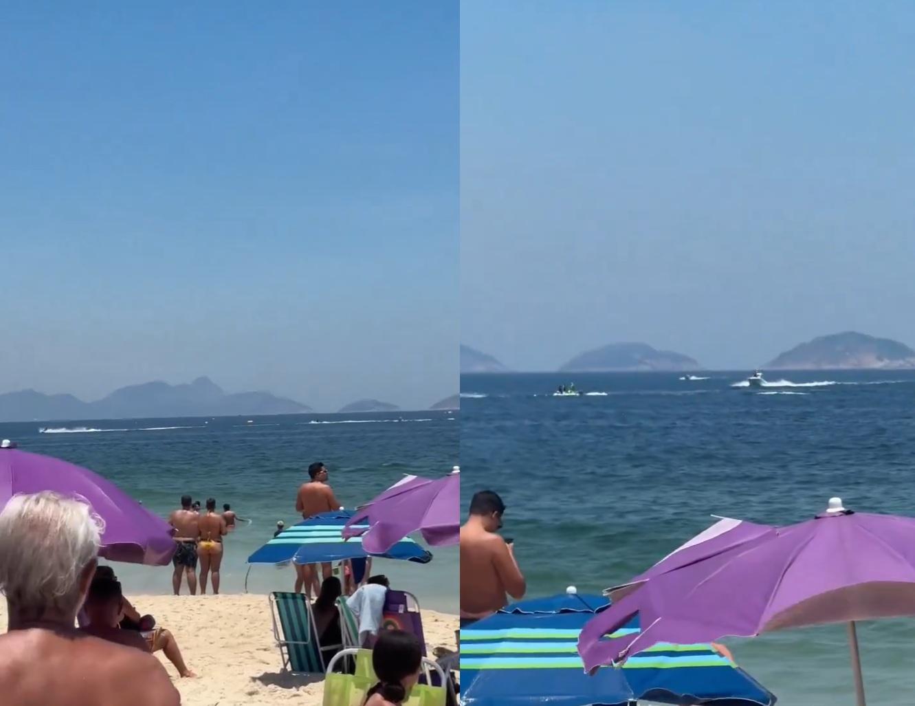 Montagem de fotos feita com prints de vídeo que mostra, à distância, o local onde o ultraleve caiu no mar de Copacabana.