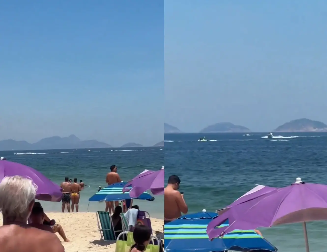 Montagem de fotos feita com prints de vídeo que mostra, à distância, o local onde o ultraleve caiu no mar de Copacabana.