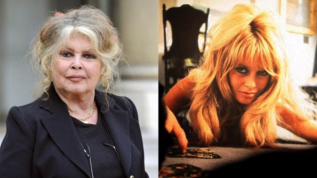 Uma montagem comparativa mostrando duas fotos da atriz francesa Brigitte Bardot em diferentes fases da vida. À esquerda, uma foto atual de Brigitte como idosa, com cabelos grisalhos presos de forma despojada e vestindo um blazer preto. À direita, uma foto clássica de sua juventude, onde ela aparece com seu icônico cabelo loiro volumoso com franja, debruçada sobre uma mesa.
