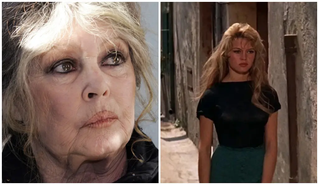 Montagem de duas fotos mostrando Brigitte Bardot mais velha, com cabelos brancos, e a segunda com ela mais jovem, com longos cabelos loiros e camisa preta.