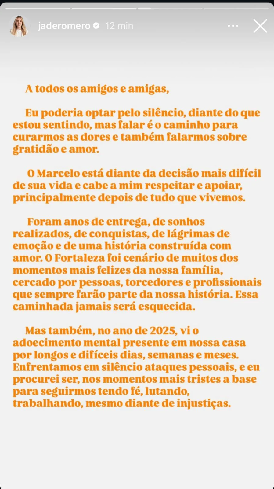 Jade Romero desabafa nas redes sociais.