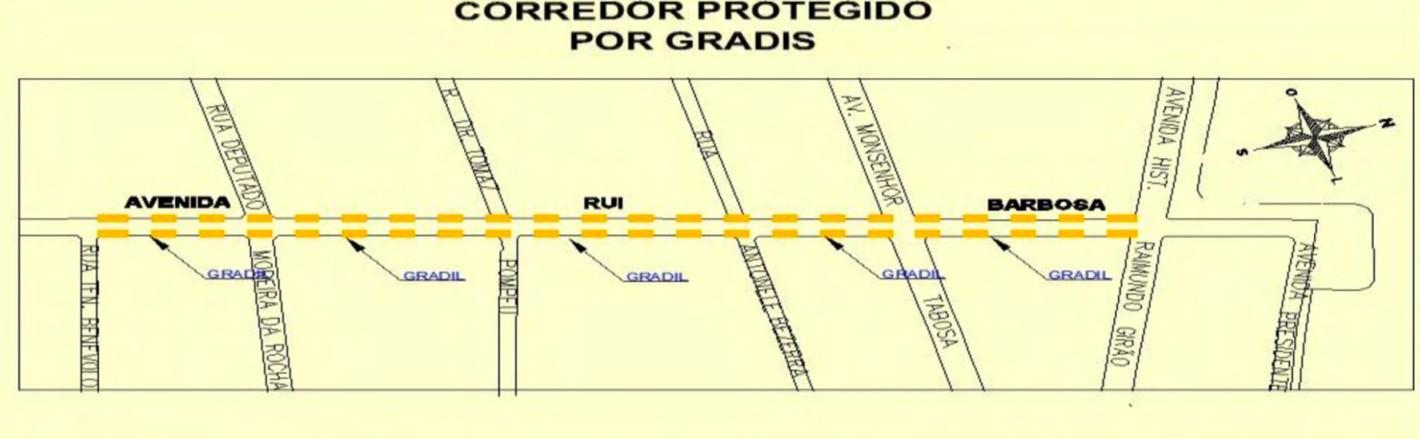 Mapa em fundo amarelo com o título Corredor Protegido por Gradis para pedestres no Réveillon 2026 de Fortaleza.