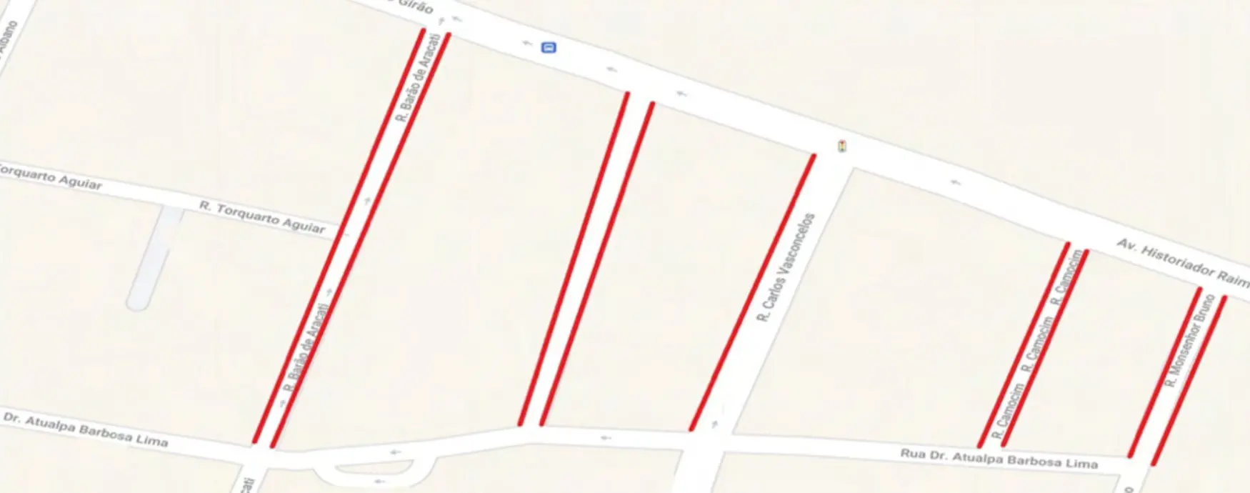 Mapa do Google Maps mostrando ruas bloqueadas para o Réveillon de Fortaleza, marcadas por linhas vermelhas.