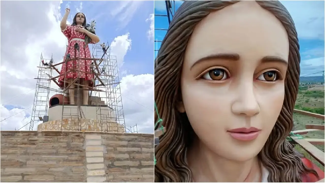 Obra do monumento da menina Benigna. Fotos da obra e da finalização do rosto da imagem.