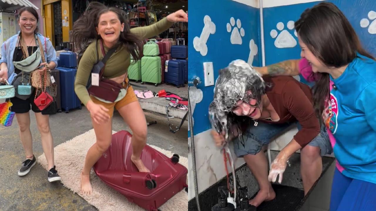 Brena Jéssica em gravação com mala 'indestrutível' e tomando banho em pet shop.