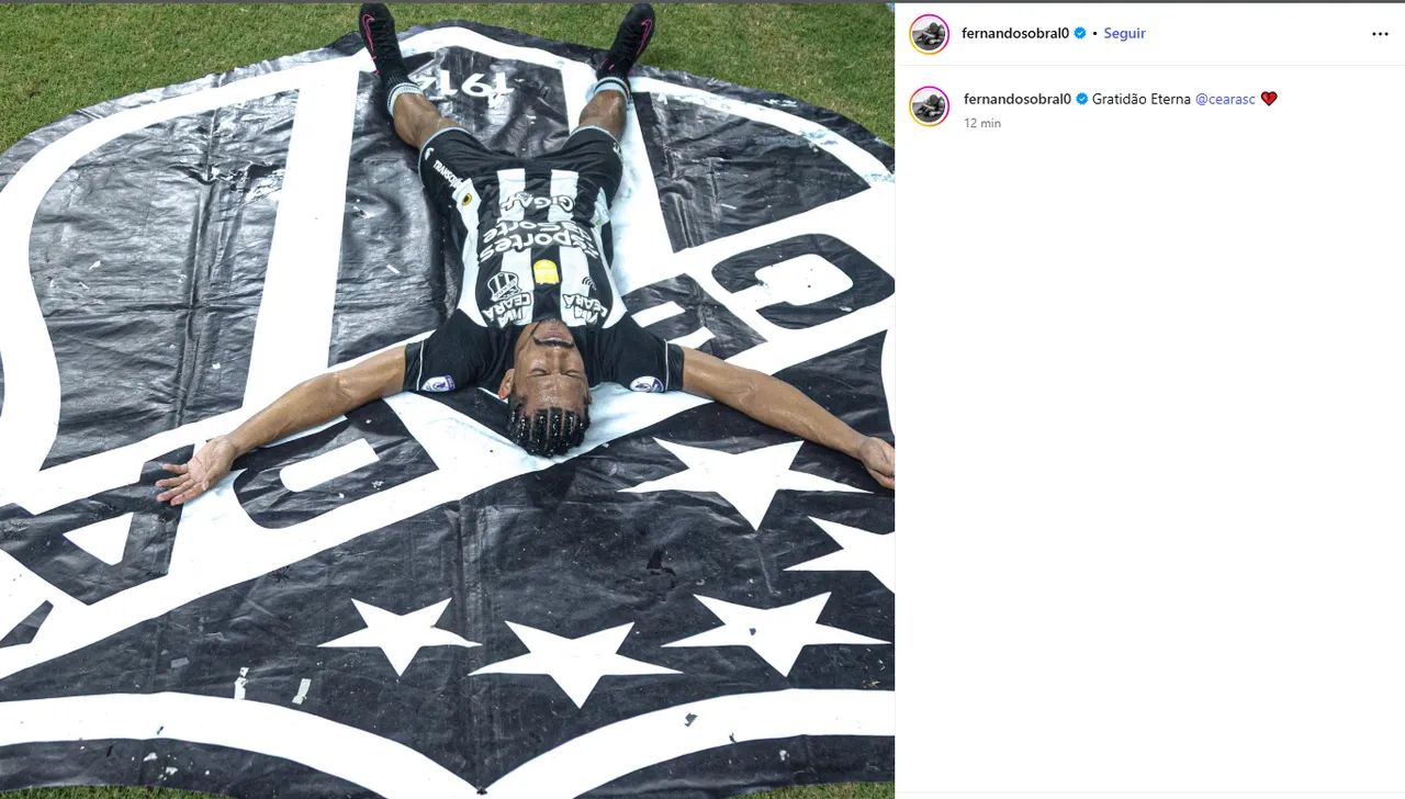 Fernando Sobral se despediu do Ceará em suas redes sociais nesta segunda-feira (29)