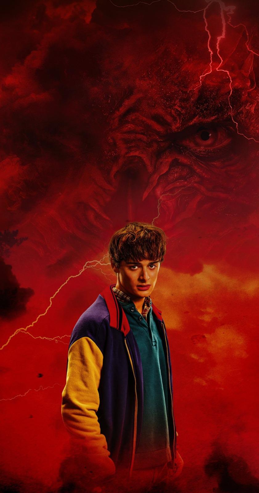 Noah Schnapp como Will Byers da série Stranger Things, com uma jaqueta colorida e um fundo vermelho dramático com relâmpagos e elementos sombrios do Mundo Invertido.