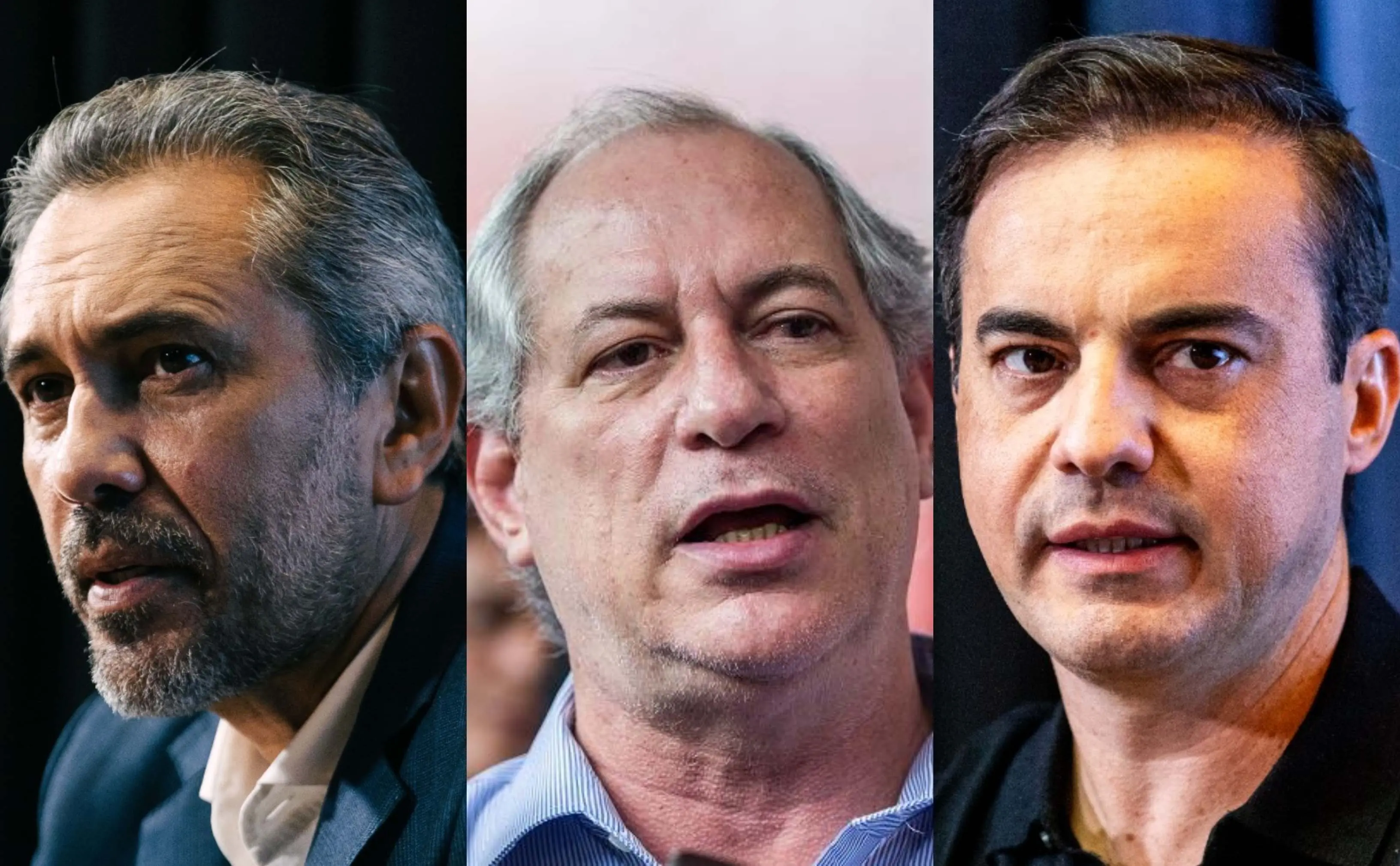 Montagem com as fotos do governador Elmano de Freitas, o ex-ministro Ciro Gomes e o presidente do União Brasil no Ceará, Capitão Wagner.