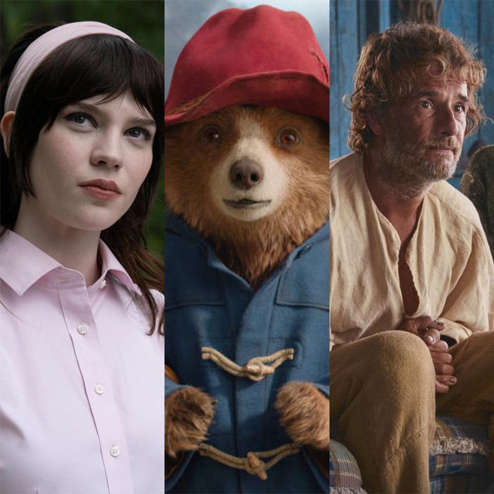 Na imagem, uma colagem vertical composta por três cenas de filmes diferentes, dispostas lado a lado. Cada painel destaca um personagem central em plano médio. Da esquerda para a direita, estão os filmes 