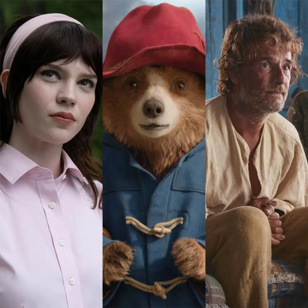 Na imagem, uma colagem vertical composta por três cenas de filmes diferentes, dispostas lado a lado. Cada painel destaca um personagem central em plano médio. Da esquerda para a direita, estão os filmes 