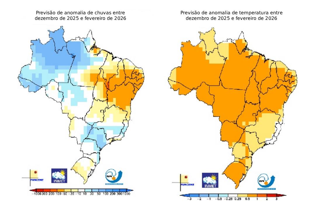 Dois mapas com previsão climática para o Brasil de dezembro de 2025 a fevereiro de 2026, mostrando anomalias de chuva com seca no Nordeste e excesso no Norte e Sul, e anomalias de temperatura com calor acima da média em quase todo o país.