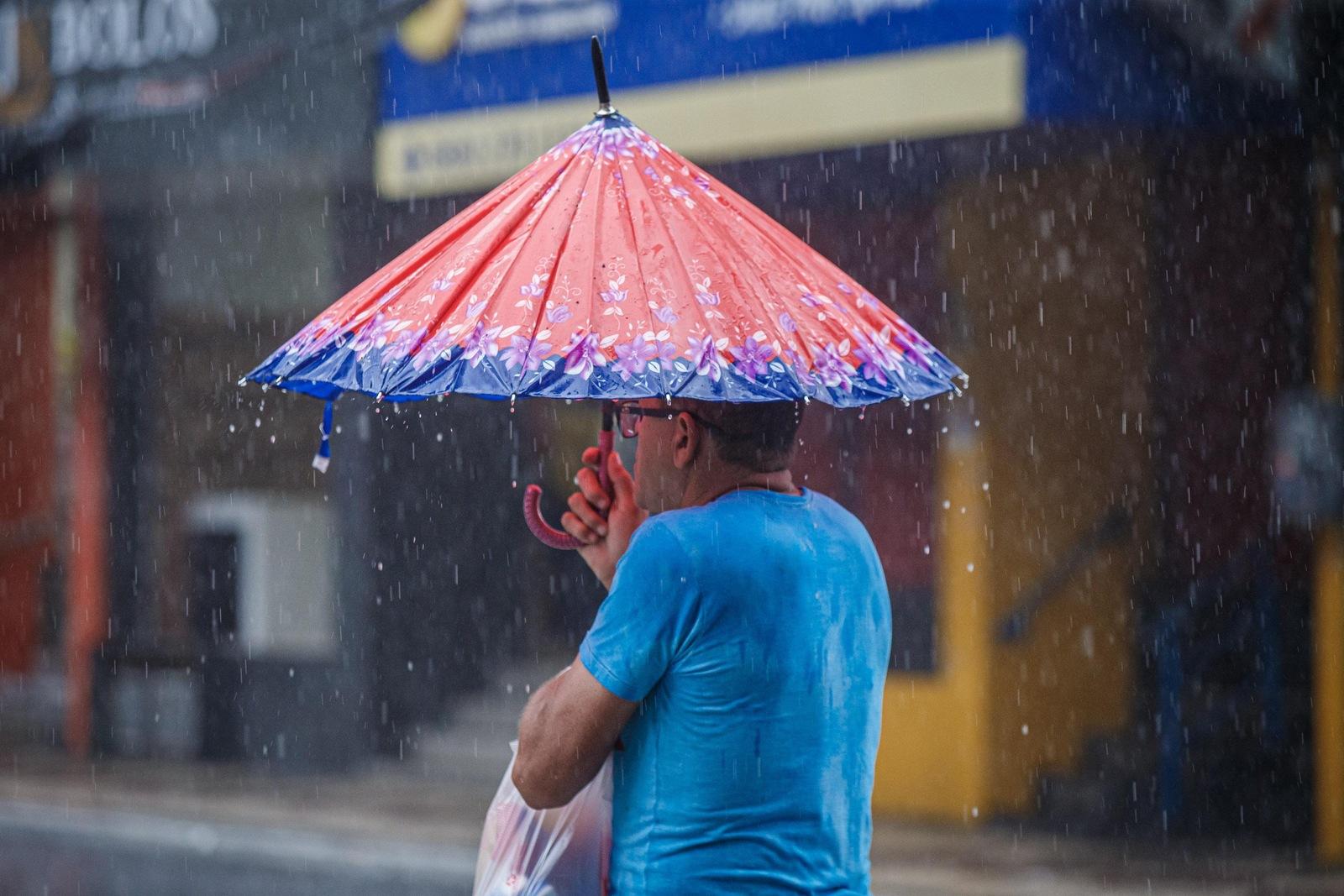 Homem de óculos, de costas, sob um guarda-chuva vermelho e azul com estampa floral, em meio a uma chuva intensa.