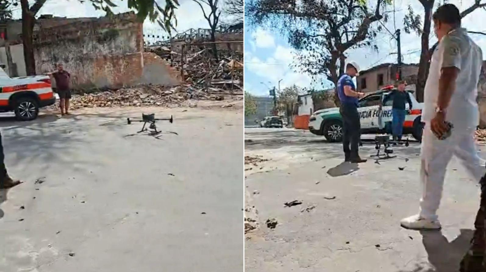 Montagem de fotos mostra drone em busca de cães e gatos vítimas de incêndio na sucata de Chico Alves.