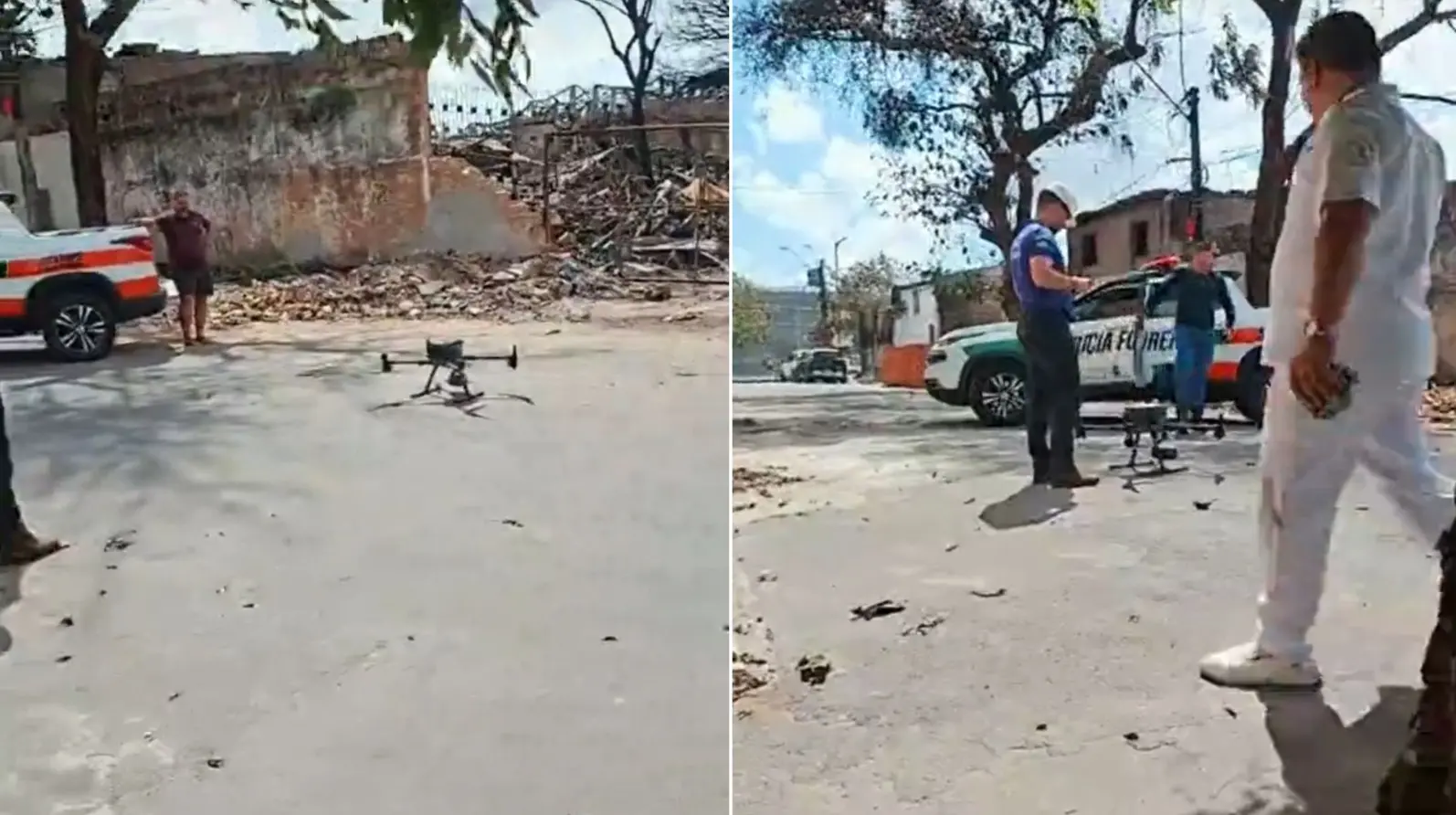 Montagem de fotos mostra drone em busca de cães e gatos vítimas de incêndio na sucata de Chico Alves.