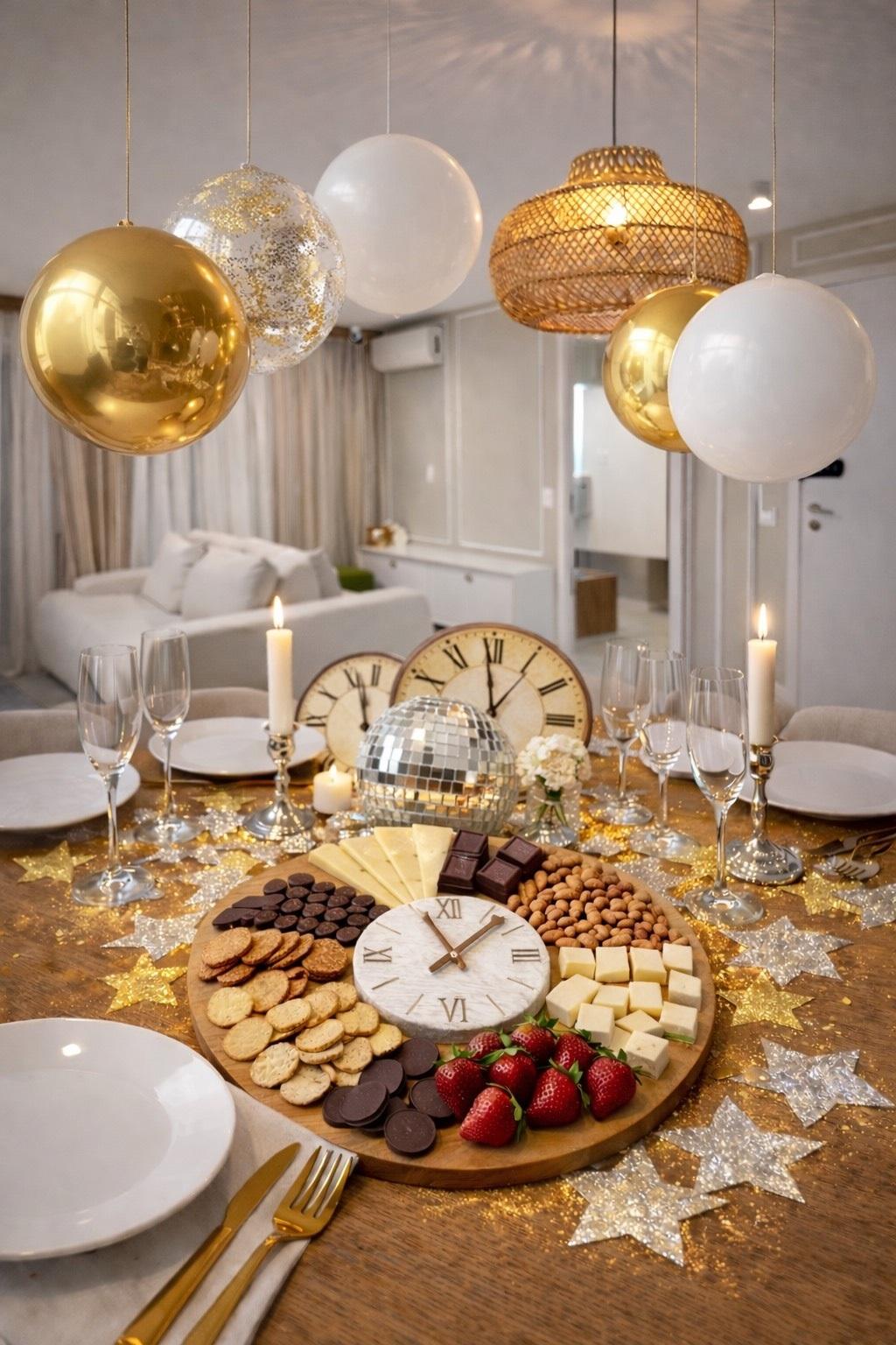 Imagem gerada por IA que mostra uma mesa de Réveillon decorada com estrelas douradas apresenta uma tábua de frios centralizada, onde queijos, frutas e petiscos rodeiam um pequeno relógio decorativo. Balões dourados e brancos flutuam sobre a composição, que inclui taças de cristal, velas acesas e um globo espelhado sob uma iluminação quente e festiva.