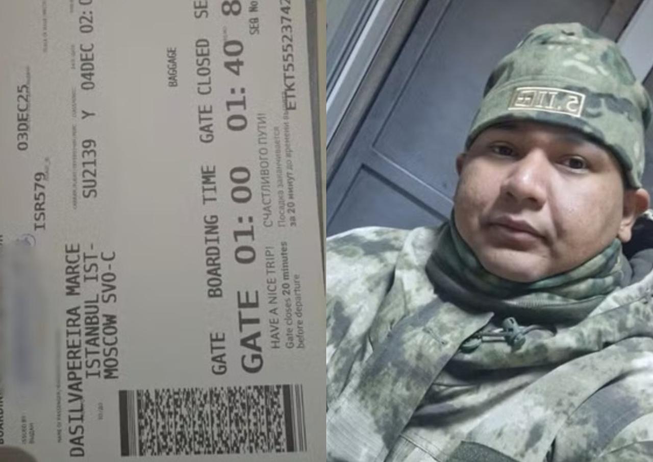 Uma composição de duas imagens mostra, à esquerda, uma passagem aérea para Moscou e, à direita, um homem usando uniforme militar camuflado e gorro. O documento e o traje sugerem um contexto de viagem e serviço militar, apresentados de forma direta e informativa.