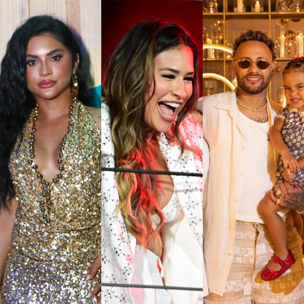 Na imagem, uma colagem composta por três fotos individuais de celebridades brasileiras, organizadas lado a lado. À esquerda, a influenciadora Mileide Mihaile posa para a câmera. Ela tem longos cabelos pretos ondulados e usa um vestido dourado brilhante, todo bordado com paetês, com um decote em 